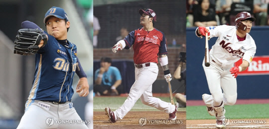 구창모(왼쪽부터, 투수·NC 다이노스), 박병호(내야수), 이정후(외야수·이상 넥센 히어로즈)가 8월 KBO리그 MVP후보에 올랐다.<연합뉴스>